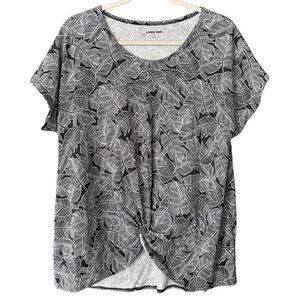 LANDS’ END Black & White Short Sleeve Twist Front Top Palm Leaves Size XL EUC